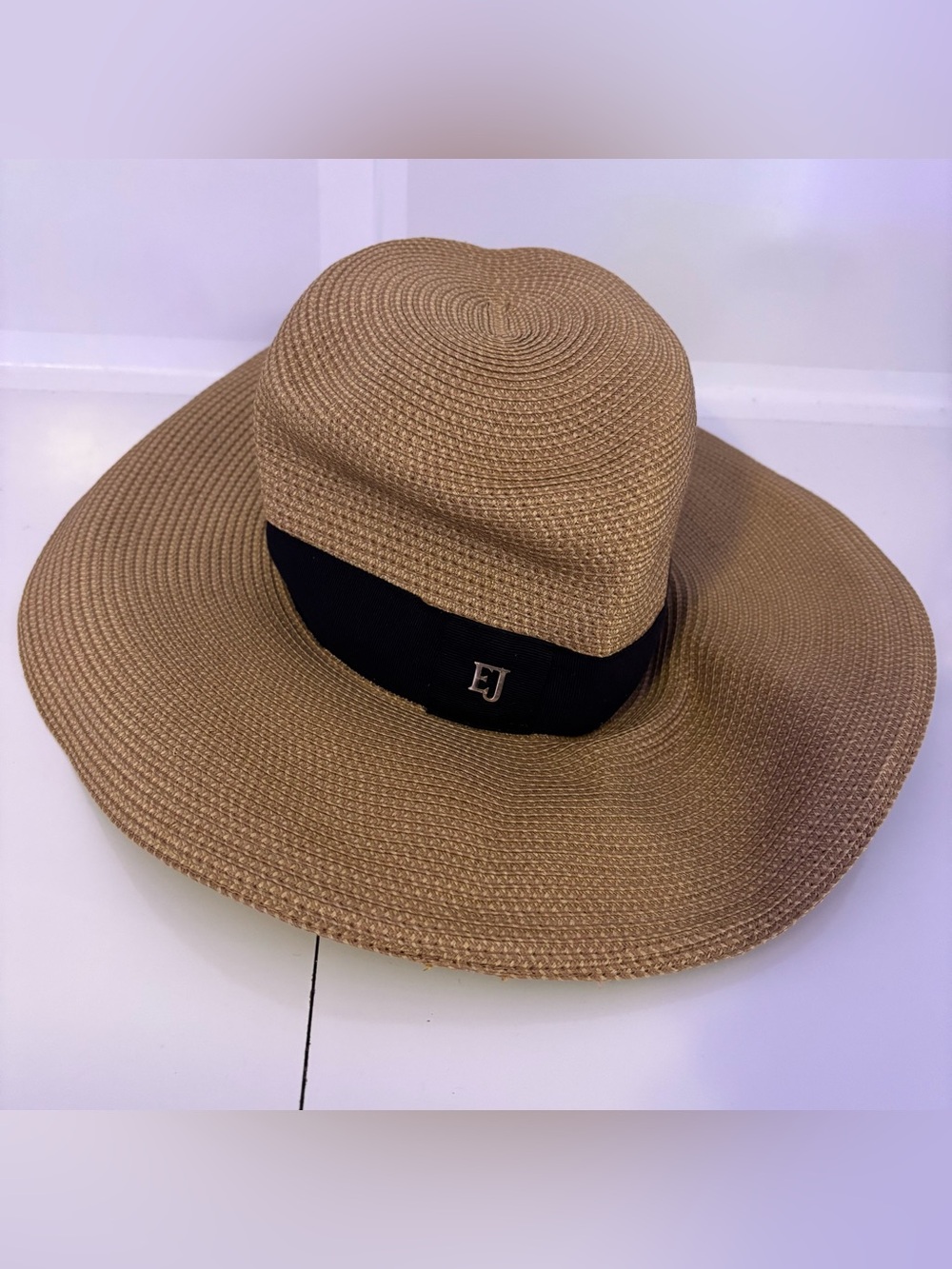 Eric Javits Tan Straw Wide-Brim Hat with Black Band